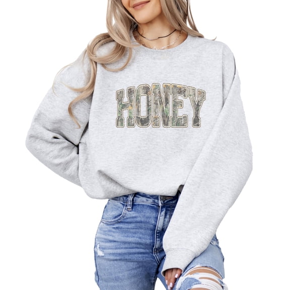 Honey Camo Sweatshirt for Women & Girls - Trendy Camouflage Graphic Crewneck Pullover Gray Sweatshirt Adult Medium