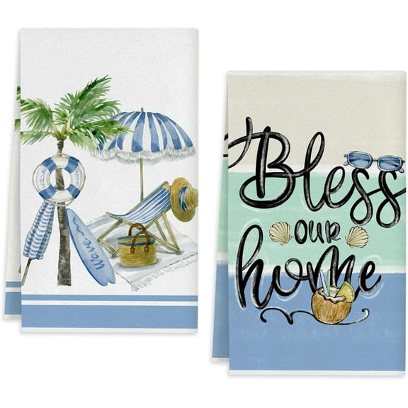 2 Pack Beach Kitchen Towels 18x26 Inch, Summer Beach Holiday Baking Dishcloths Super Absorbent Quick Drying Blue Coastal Kitchen Dish Towels for Daily Cooking Home Cleaning
