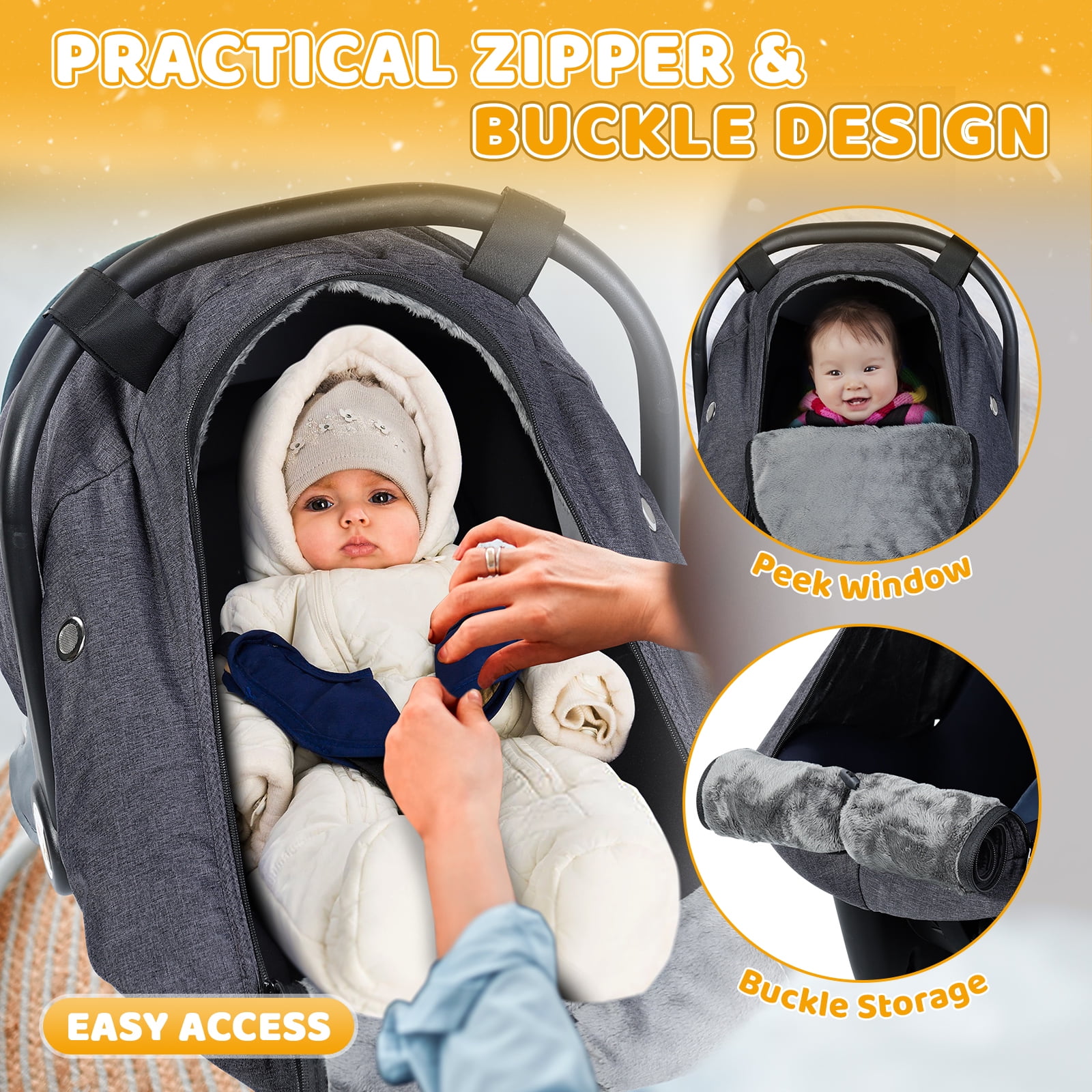 Orzbow Winter Baby Car Seat Cover with Front Zipper Door, Cold Weather Carseat Cover Canopy, Side Breathable, Rain, Snow and Wind Proof Car Seat Carrier Canopy Cover, Machine Washable, Dark Grey
