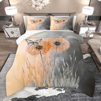 Manfei Orange Grey Dandelion Bedding Comforter Set, Kawaii Butterfly Twin Comforter Sets, Rustic Plant Botanical Reversible Bedding Set, Breathable Home Decor, 2-Piece