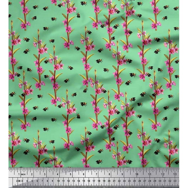 Soimoi Poly Georgette Fabric Leaves,Floral & Honey Bee Insects Decor Fabric Printed Yard 42 Inch Wide