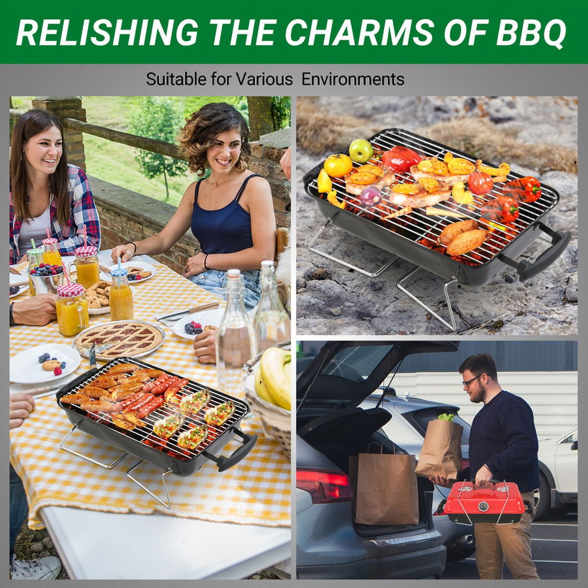Alvantor Portable Charcoal Grill, Tabletop BBQ Smoker with Thermometer and Air Dampers, Red and Black