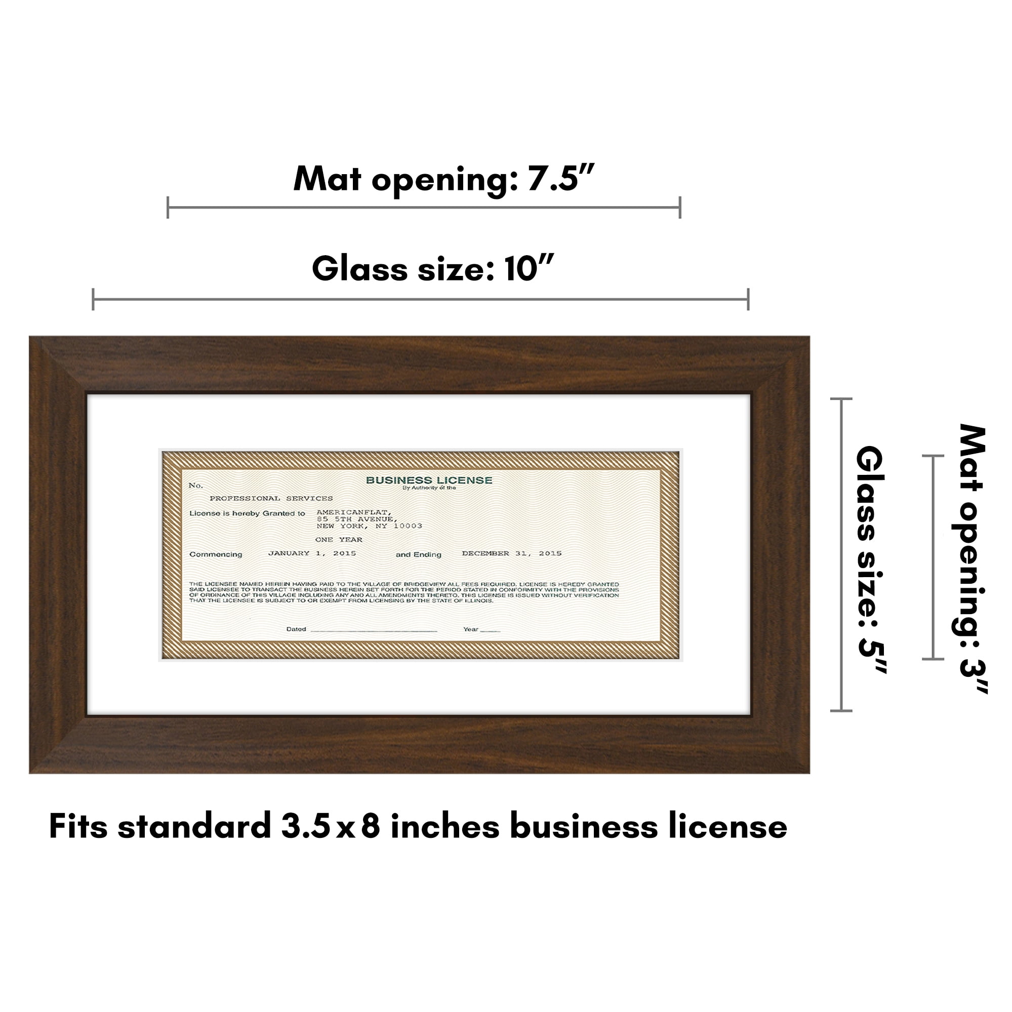 Americanflat 5x10 Picture Frame with Shatter-Resistant Glass with 3.5x8 Mat Business License Display - Walnut