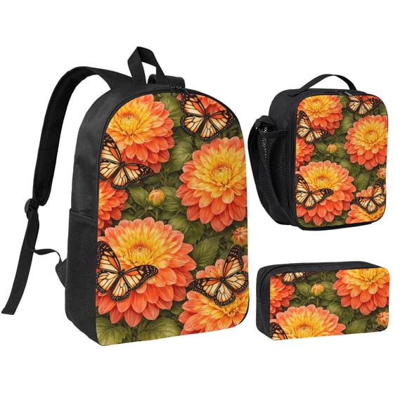 Floral With Butterfly Design Backpack Set 3pc ，Backpack with Lunch Bag and Bag 17 Inch