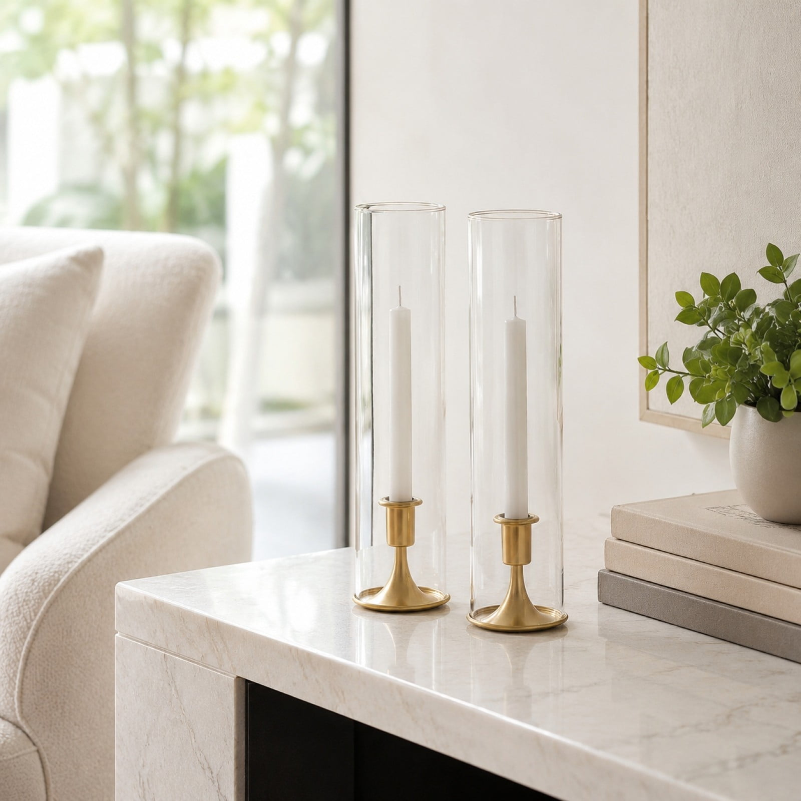 2-Pack Gold Glass Cylinder Candle Holders Taper Candlestick Set with Metal Base for Wedding Dinner Table and Home Decor