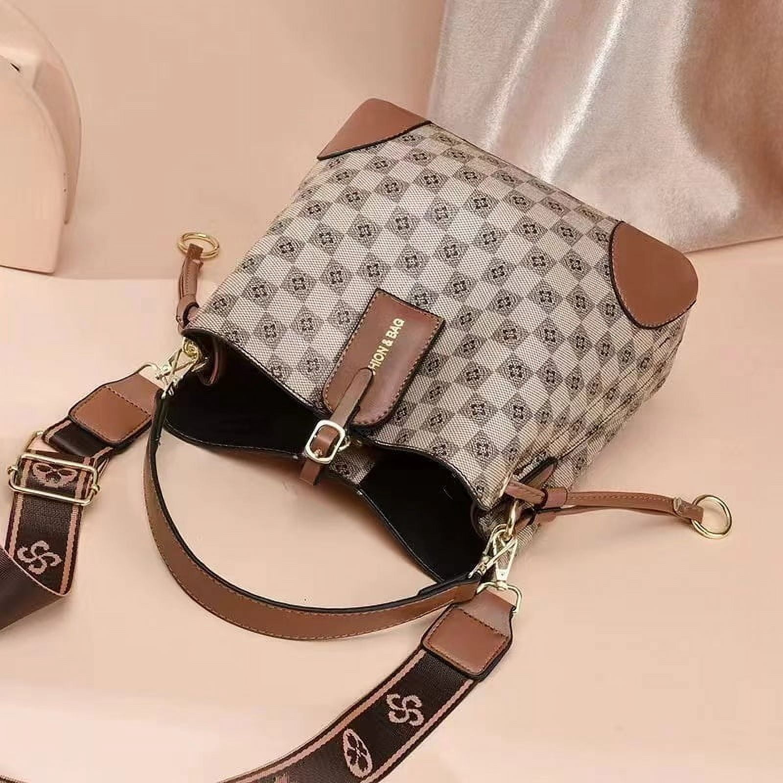 PORT&LOTUS Small Compact Leather Crossbody Bag for Women Classic Floral Bucket Bag for Women with Shoulder Strap Women's Top-handle Handbags with Adjustable Shoulder Strap