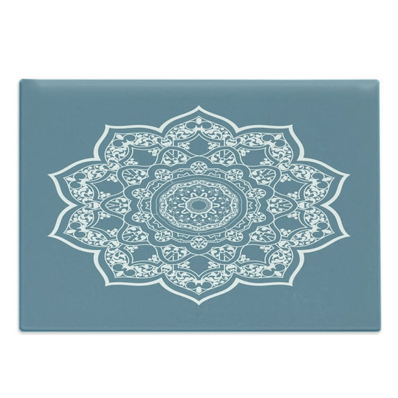 Lotus Cutting Board, Cultural Universe Floral Mandala with Lace Effects Boho Motif, Decorative Tempered Glass Cutting and Serving Board, Large Size, Slate Blue White, by Ambesonne