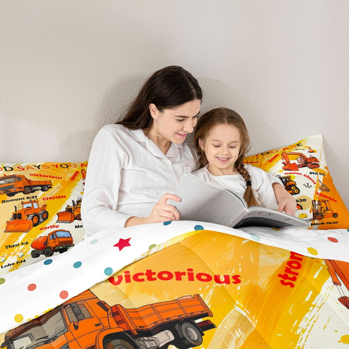 Manfei Orange Graffiti Full Size Comforter Sets,Excavator Bulldozer Truck Bedding Comforter Set,Construction Vehicles Bedding Sets For Boys,Luxury Bedroom Decor Reversible,3 Pieces