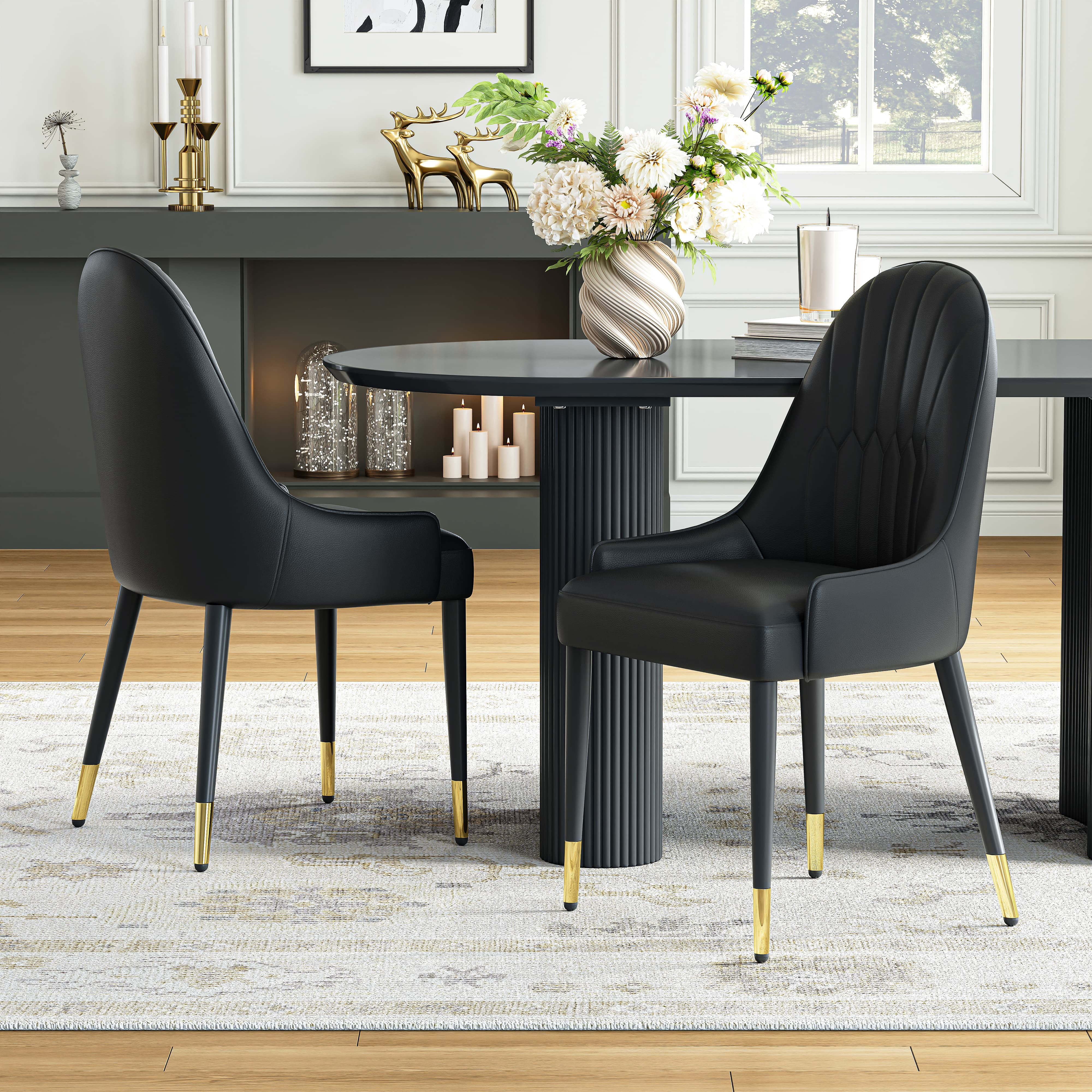 2-Piece Dining Chairs Set, Black PU Faux Leather Upholstery with Metal Frame, Modern Design for Kitchen, Living Room, Office