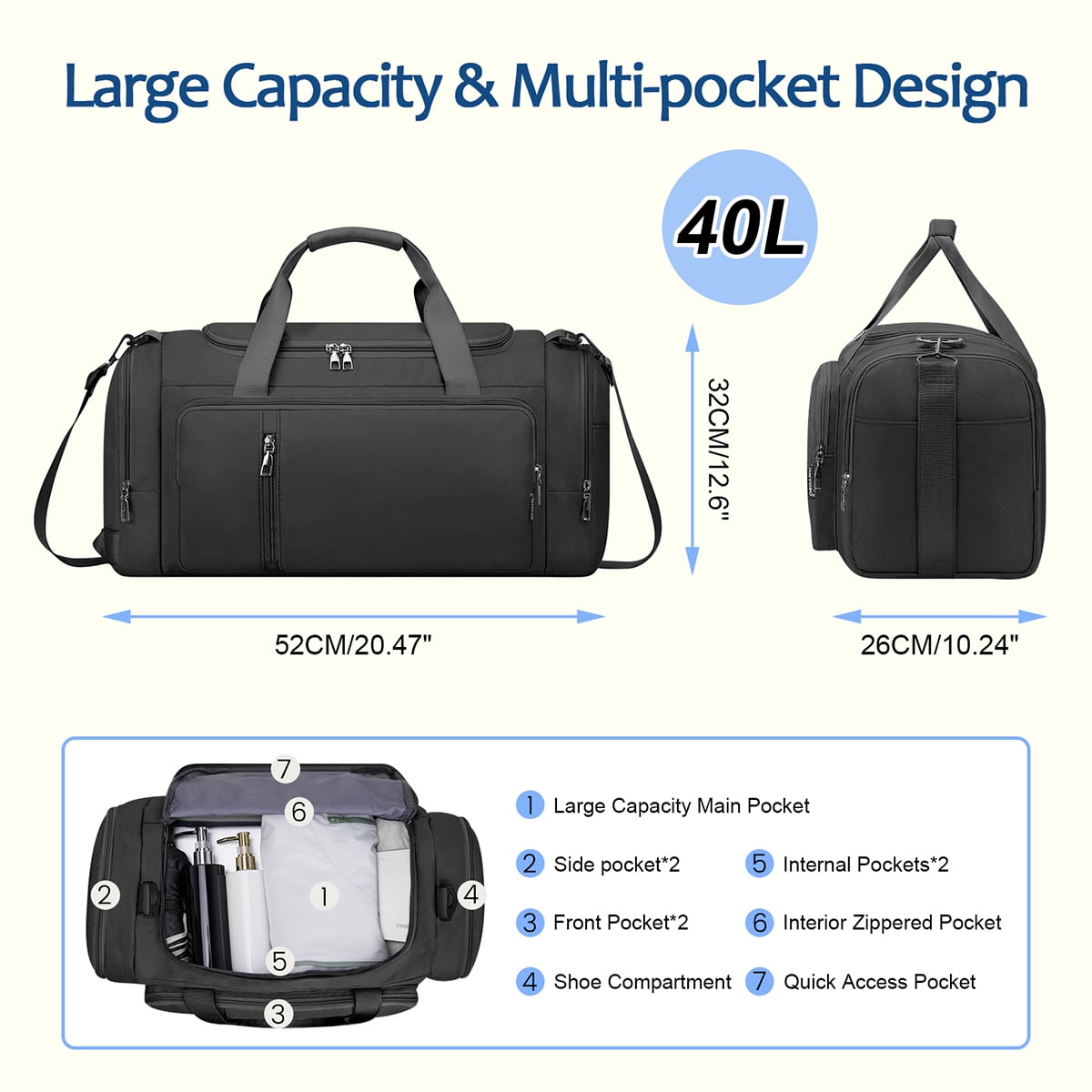 XUEYU Gym Duffle Bag Backpack Waterproof Sports Duffel Bags Travel Weekender Bag for Men Women Overnight Bag with Shoes Compartment Black