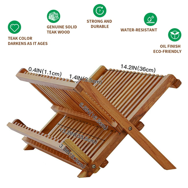 Utoplike Teak Dish Drainer Rack Collapsible 2 Tier Dish Rack Dish Drying Rack Plate Holder for Kitchen Compact Foldable
