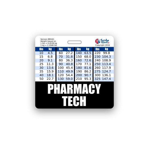 Pharmacy Tech Badge Buddy Horizontal w/Height & Weight Conversion Charts (Standard, Black)