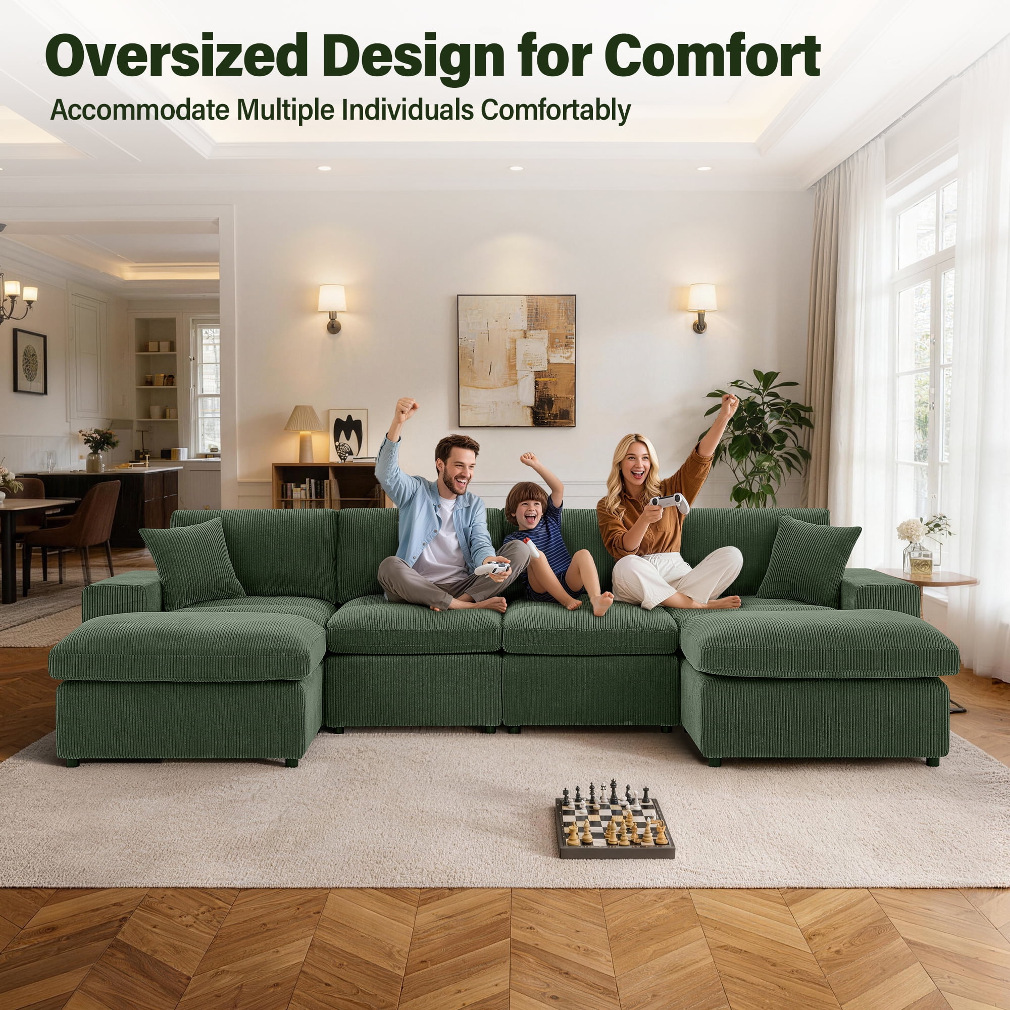 AENKYO U-Shaped Modular Sectional Sofa, Deep Seat Convertible Couch with Chaise for Living Room,Green