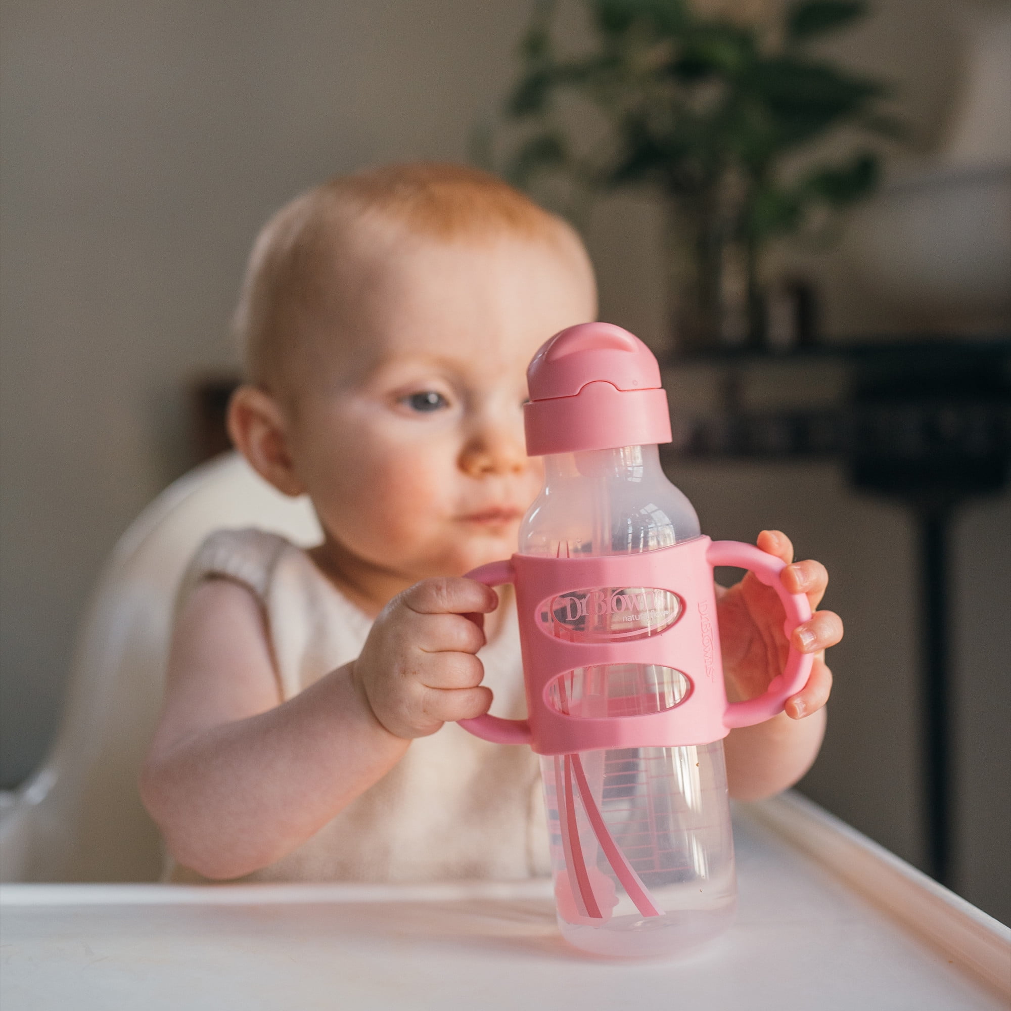 Dr. Brown's Milestones Narrow Sippy Straw Bottle, 100% Silicone Handles, 8oz, Pink/Gray, 2 Pack