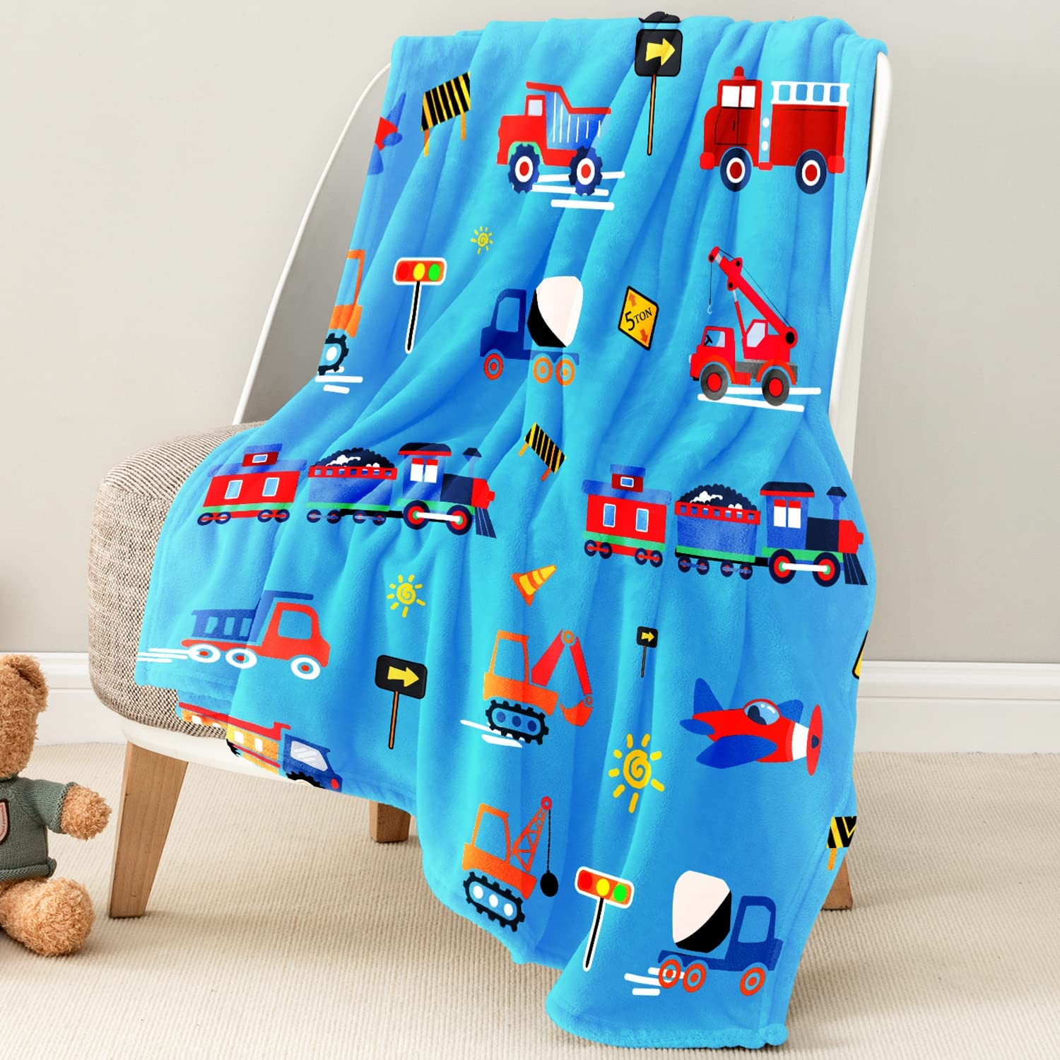 WISH TREE Construction Throw Blanket, Fleece Trucks Blankets for Boys