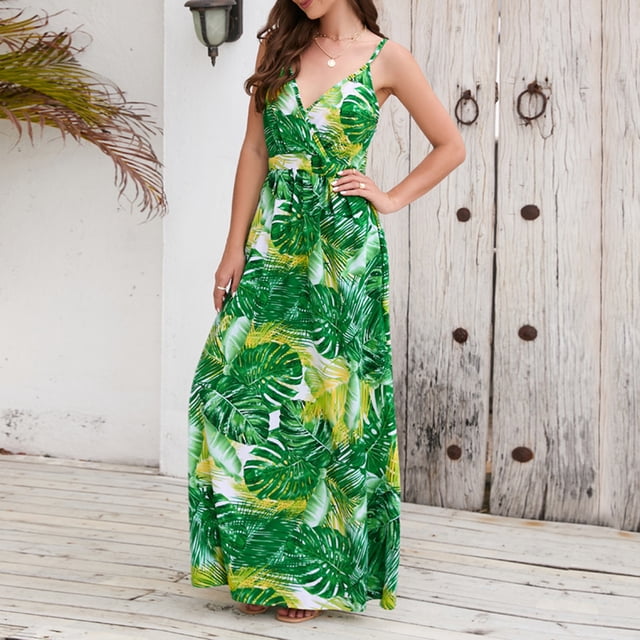 Vestido Largo Vestido largo de playa para mujer, cuello en V, vestido suelto, línea A, cintura alta elástica para vacaciones Cgtredaw L Verde para Mujer