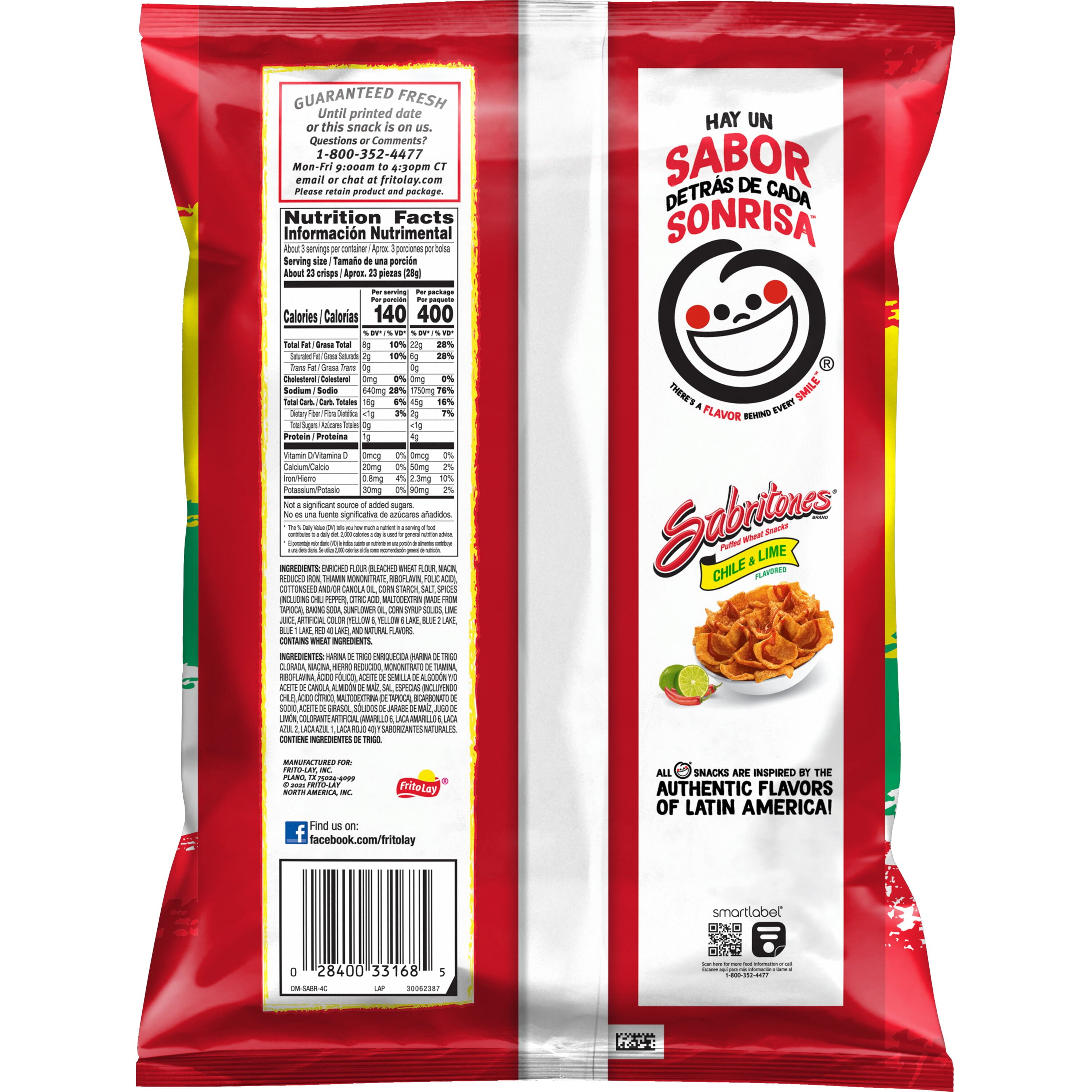 SABRITONES Chile & Lime Flavored Chips Puffed Wheat Snacks, 2.75 oz Bag