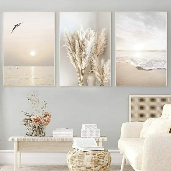 3Pcs Beige Grass Sunset Beach Palm Tree Canvas Painting
