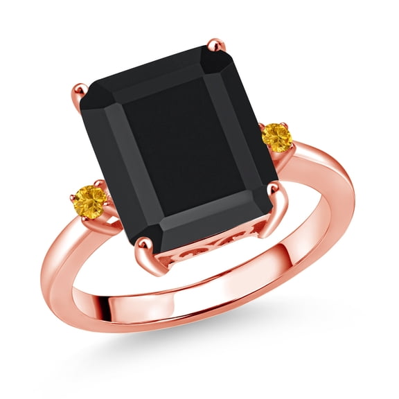 Gem Stone King 18K Rose Gold Plated Silver 12X10MM Black Onyx and 2MM Yellow Created Sapphire 3 Stone Engagement Ring for Women | 5.87 Cttw | Gemstone December Birthstone | Size 8