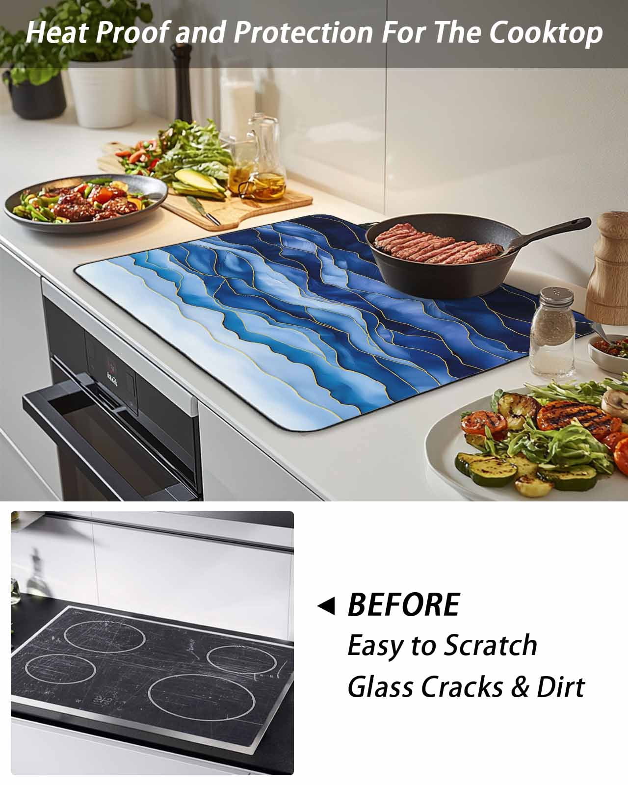 Stove Top Covers for Electric Stove, Navy Blue Ombre Glass Stovetop Cover Protector, Modern Moire Abstract Art Luxury Induction Cooktop Protector Oven Mat for Kitchen Countertop 31"x24"