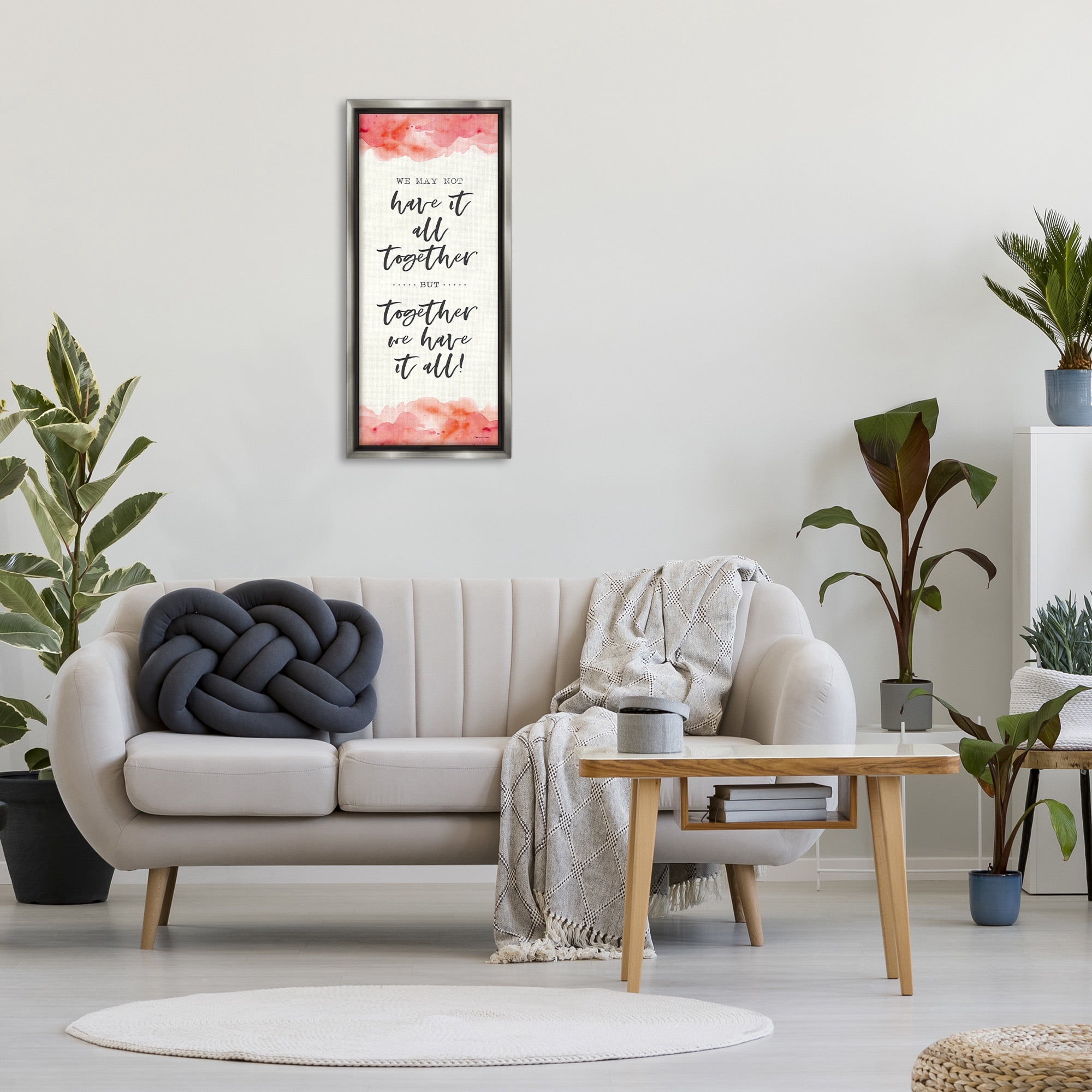Stupell Industries Romantic Phrase with Blush Watercolor Inspirational Painting Gray Floater Framed Canvas Art Print Wall Art, 15 x 31