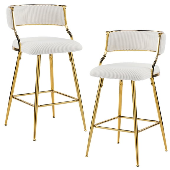 Modern Counter Height Bar Stools with Back, Corduroy Barstools with Footrest and Golden Chromed Base, Upholstered Counter Stools for Kitchen Island, Home, Dining Room, White