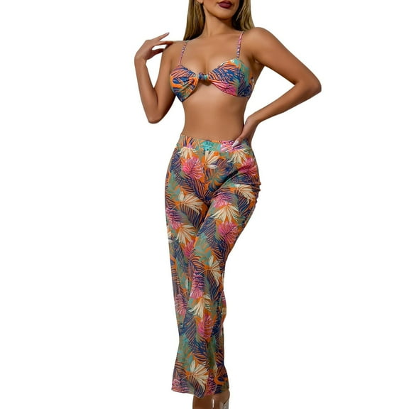 Oplxuo Two Piece Swimsuits for Women Sexy Bikini Set with Coverups Sheer Pants Tropical Printed 3 Piece Bathing Suits Swimwear