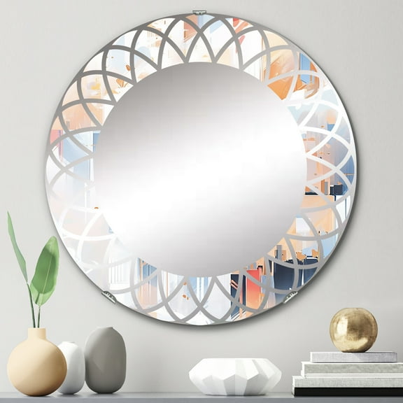 Designart "Symmetrical Abstractions Peach Blue Elegance" Cubism Round Wall Mirror - Modern Oval Printed Decorative Oversized Mirror - Multiple Color Options