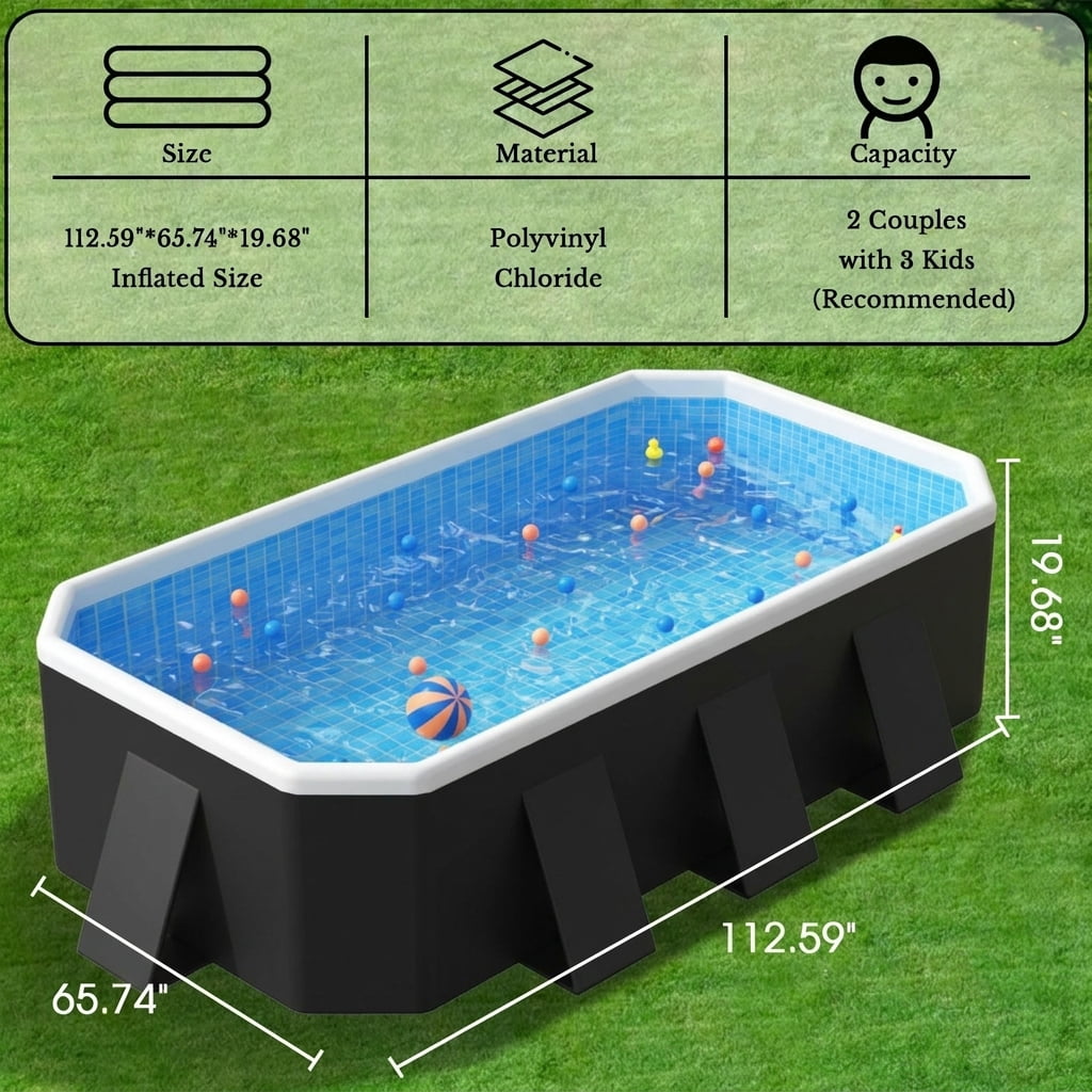 Hurber Foldable Swimming Pool, Large Non-Inflatable Adults Kids Outdoor Pools, Dark Gray, 113" x 66" x 20"