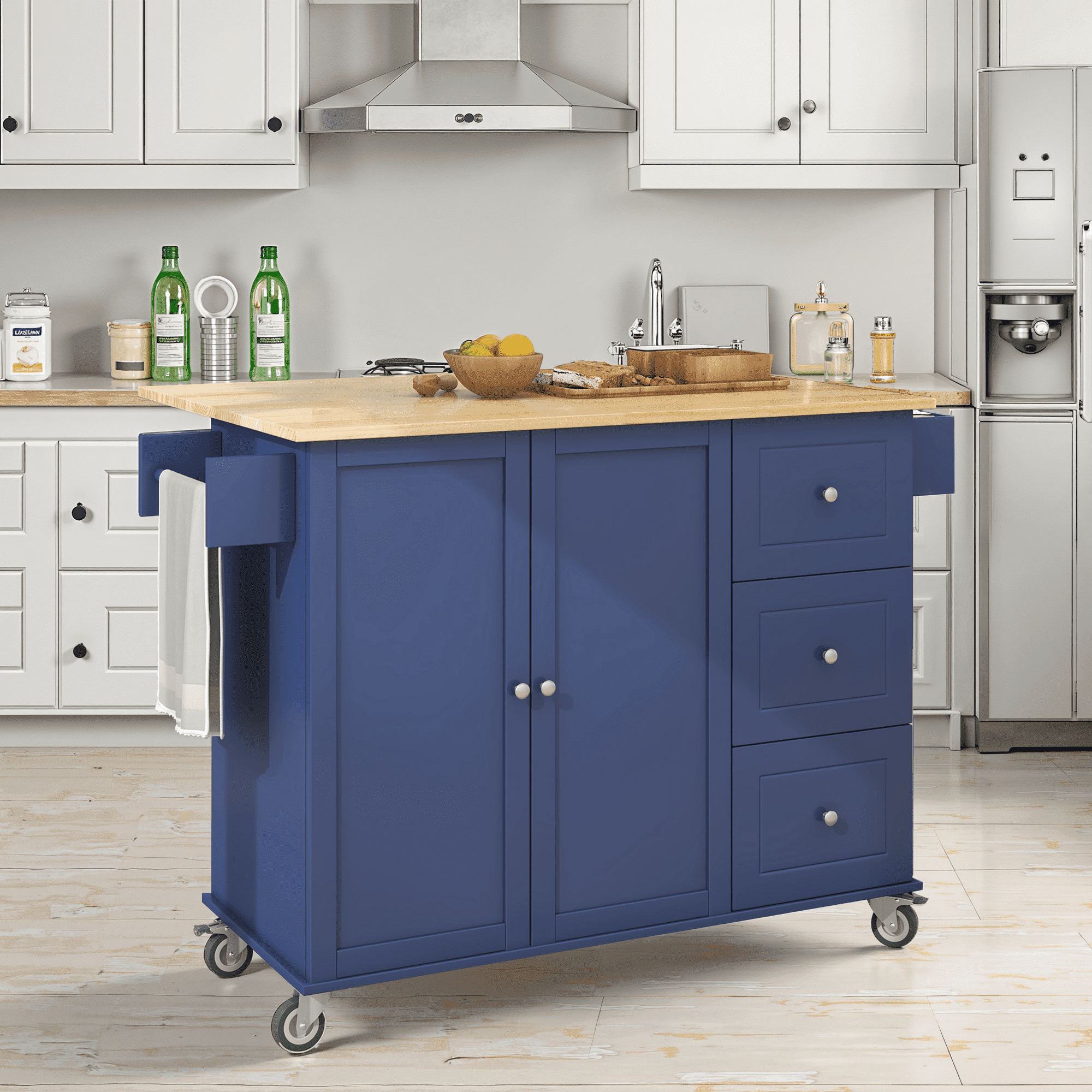 MAYEERTY Rolling Mobile Kitchen Island - Drop Leaf, Locking Wheels & Storage Cabinet