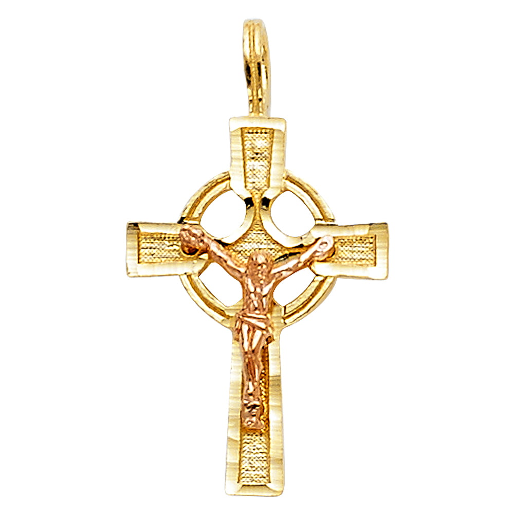 Wellingsale 14k Two 2 Tone Gold Polished Jesus Cross Religious Charm Pendant with 1.7mm Flat Open wheat Chain Necklace
