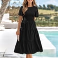 thumbnail image 2 of IROINNID Wedding Guest Dresses for Women Evening Night Formal Fall Dress Summer Short Sleeve Round Neck Solid Color Pleated Dress Trendy A-Line Dress,Black, 2 of 6