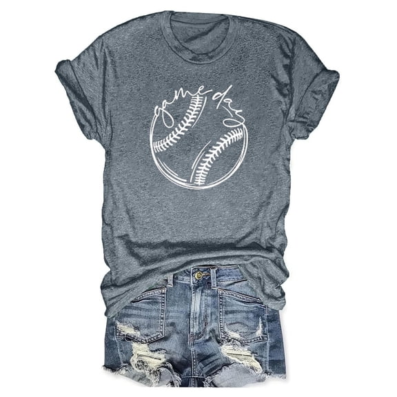 Staron Women Graphic Printed Baseball T-Shirt Round Neck Short Sleeve Casual Comfy Loose Game Day Letter Tee Top, Gray L