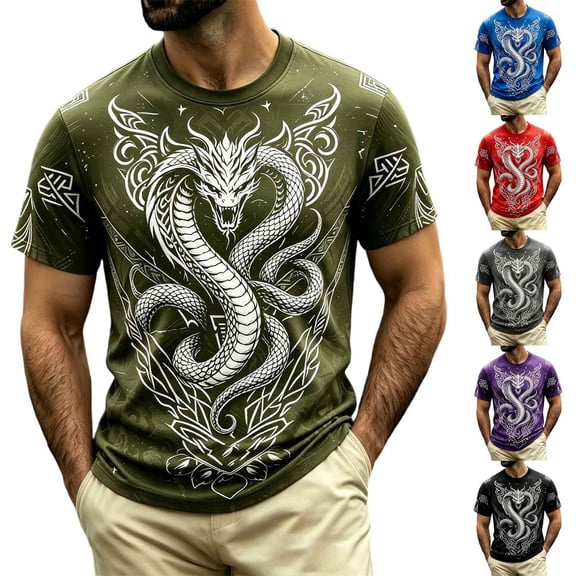 KHONTS Men's Graphic T Shirt 3D Dragon Printed Short Sleeve Crewneck T-Shirt Summer Animal Theme Cool Lightweight Tops Red XL
