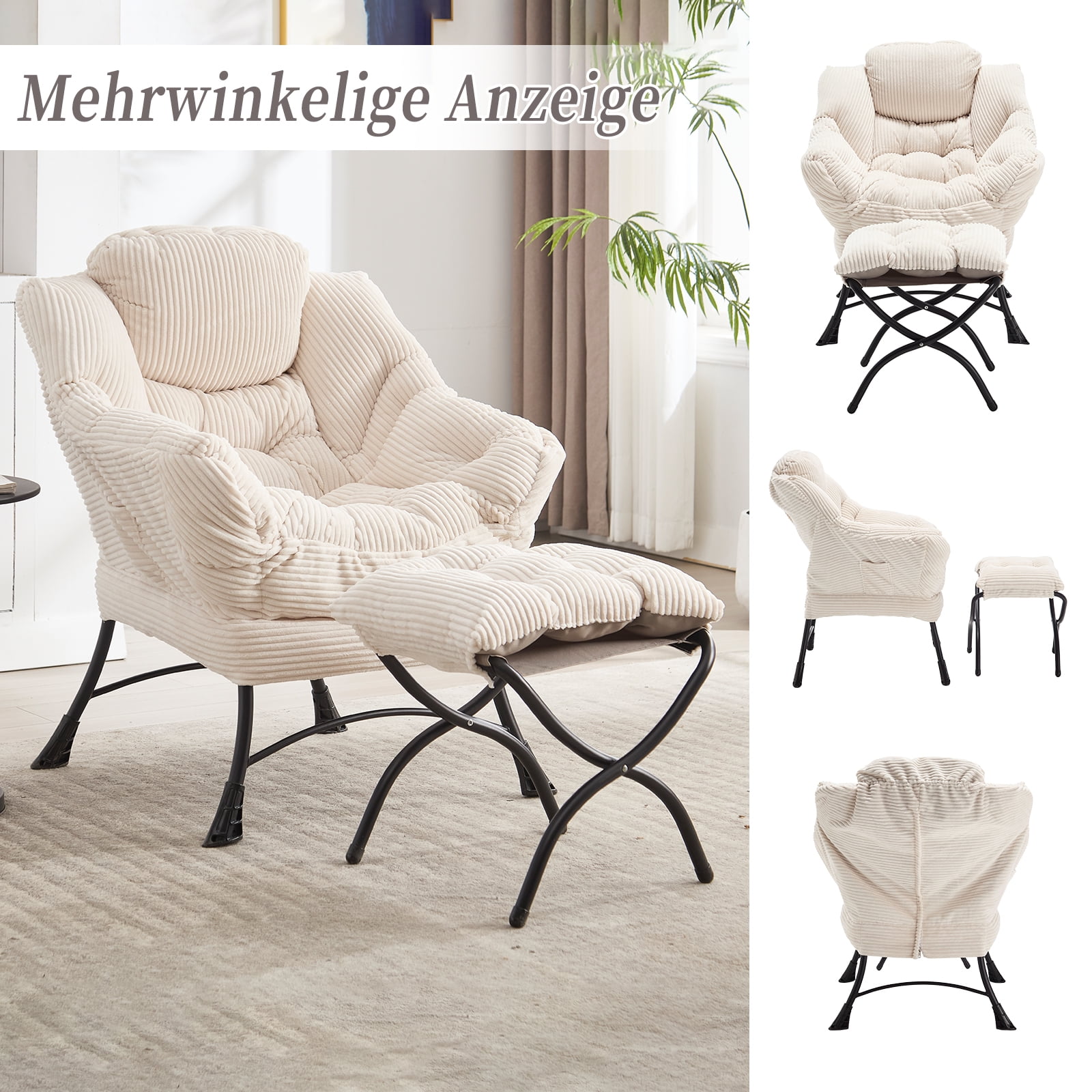 MOONMISS Accent Chair with Ottoman,with Armrests and Side Pockets、 Footrest for Living Room,White