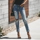 thumbnail image 4 of Moda Mujer Bolsillos Botón Cintura Media Flaco Ripped Jeans Pantalones Agujero Pantalones de Mezclilla Odeerbi ODB-6, 4 of 9