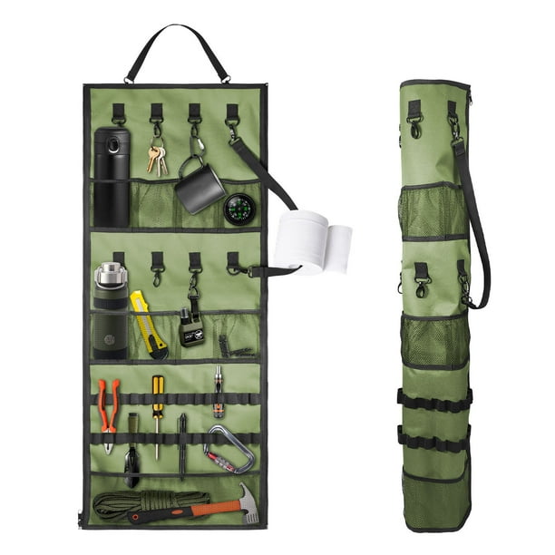 Organizador de toldo de almacenamiento colgante para suministros de acampada, toldos para parques de fútbol, camping, correa de almacenamiento 2 en 1 y organizador de bolsillo