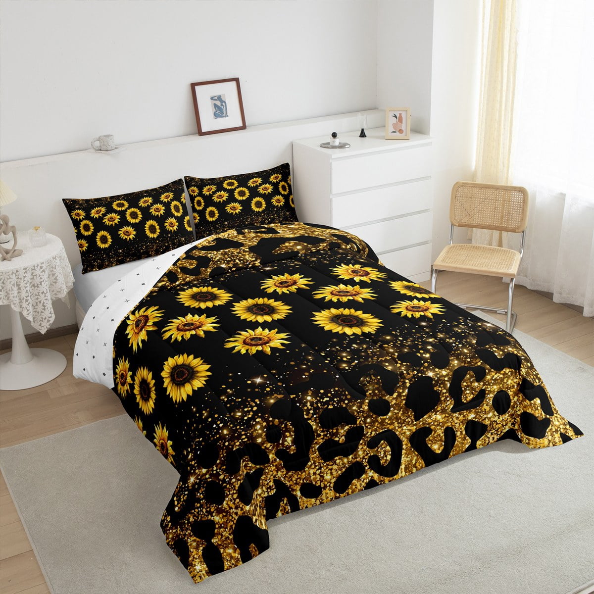 Manfei Fashion Leopard Print Bedding Sets Twin with Comforter, Sunflower Print Comforter Sets Twin Size, Glitter Reversible Down Comforter, Super Cozy Bedroom Decoration, 2pcs