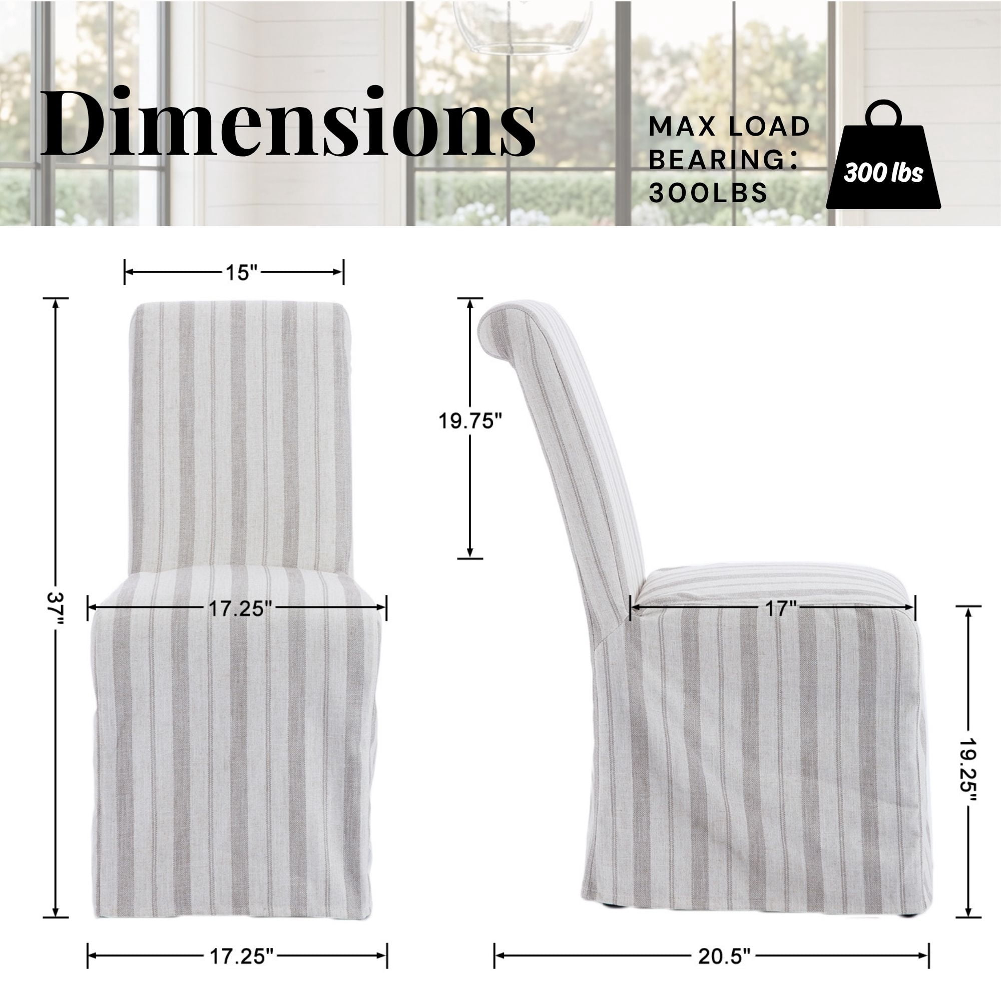 Dayalane Slipcovered Parsons Dining Chairs Set of 2, Modern Farmhouse High Back Linen Upholstered Chair with Removable Skirted, Classic Wooden Side Kitchen Chairs for Dining Living Room, Khaki Stripe
