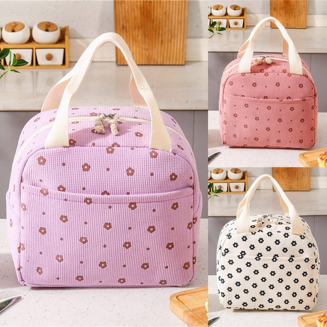 Bolsa de almuerzo aislante para el trabajo | Bolsa Bento de pana vintage con estampado de fresa, multipartición, asa portátil, mantiene la comida fresca, caliente o fría, portacomidas espaciosa
