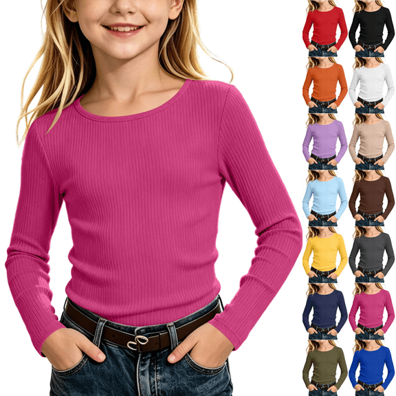 Zeijnsda Girls Long Sleeved Tops Fall Winter Crew Neck Base Layer Shirts for Kids Soft Ribbed Stretch Tops Solid Color Lightweight Basic Shirts for 5-13 Years Children