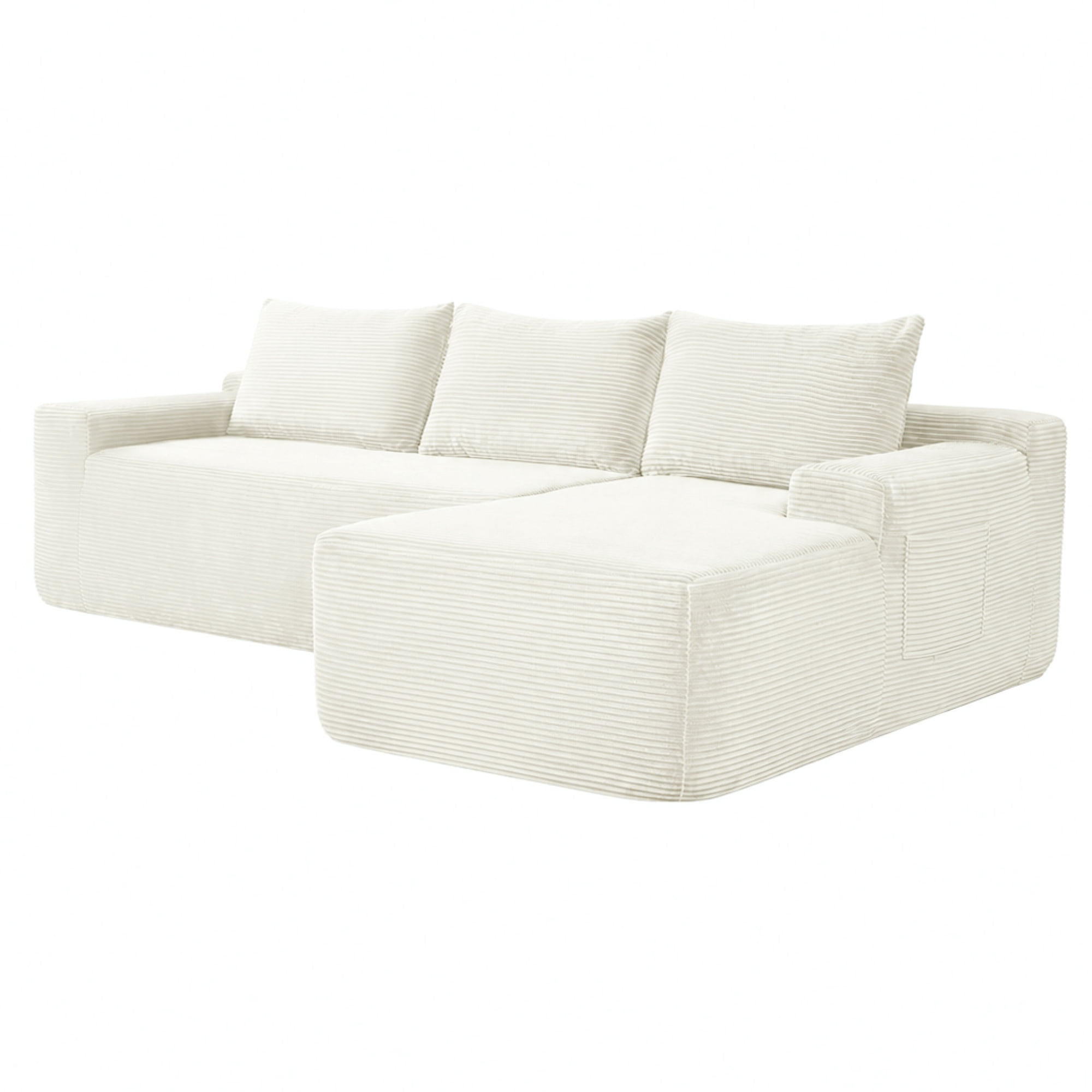 Leumius 96.9" L-Shaped Modular Sectional Sofa with Chaise,Cloud Sectional Couch with Deep Seat and Side Pockets,Comfy Corduroy Upholstered Boneless Couches for Living Room,No Assembly,White