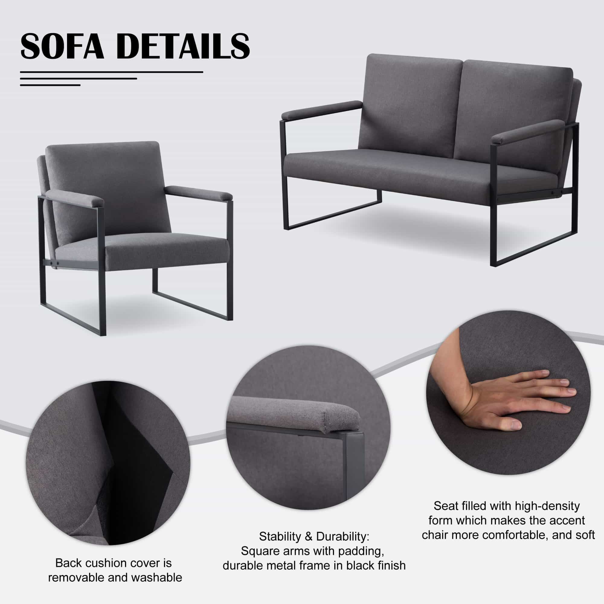 BSHTI Linen Blend Upholstery Loveseat,Sleek Metal Frame and Clean Lines,High-density Foam Loveseat,for Living Room,Bedroom,Study or Den(Dark Gray)