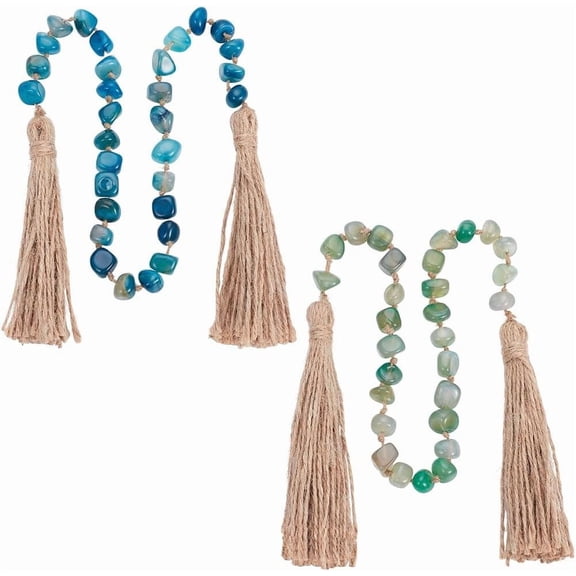 2pcs Agate Stone Hand Knotted Garland 23.6 inch Prayer Beads Decor Hanging Beaded Garland with Tassels for Farmhouse Wall Shelf Home Hanging Decor Green and Blue