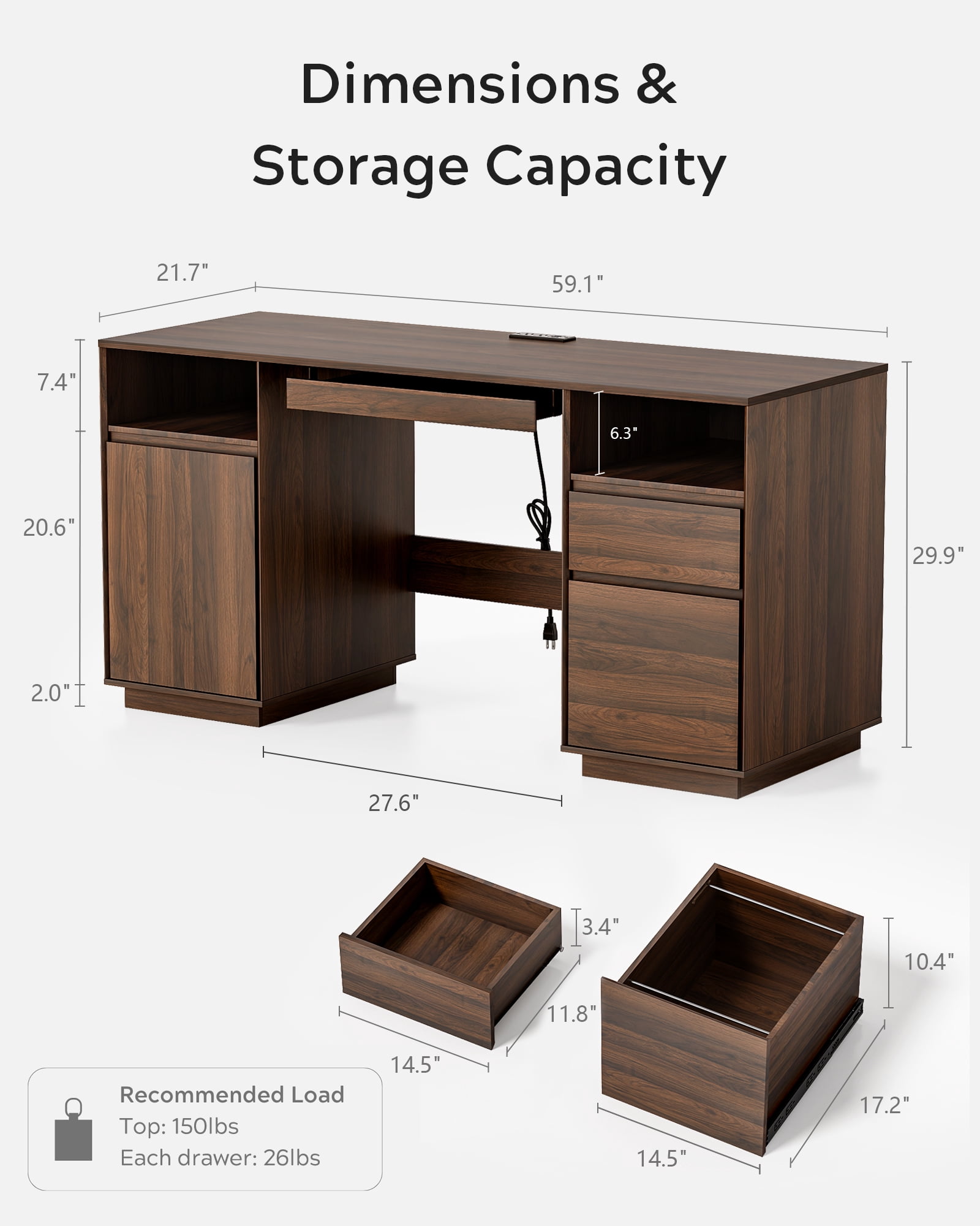 EYYTHUNG 59" Farmhouse Computer Desk, Wide Home Executive Desk with File Drawer & Open Storage & Power Outlet, Wooden Office Desk, Brown
