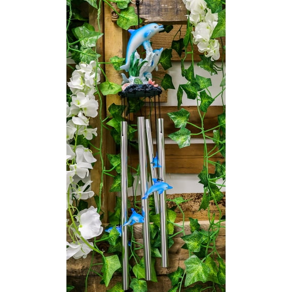 Ebros Nautical Marine Dolphin Family Swimming by Coral Reef Wind Chime 21" Long