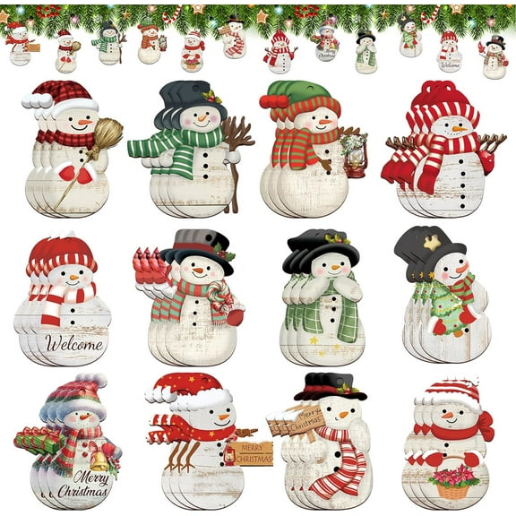Wooden Snowman Ornaments, 36-Pack, Red Farmhouse Christmas Tree Decorations, Holiday Party Supplies