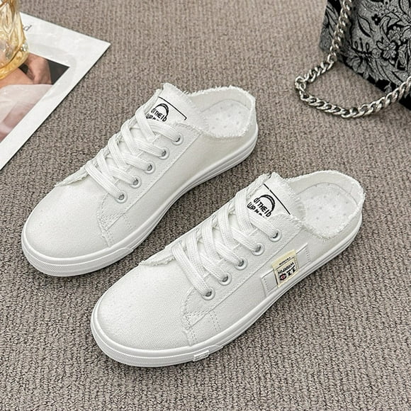 Womens Breathable Canvas Mule Sneakers, Round Toe Lace-Up Design Slip-On Shoes, Comfortable Flat Shoes for Casual Wear