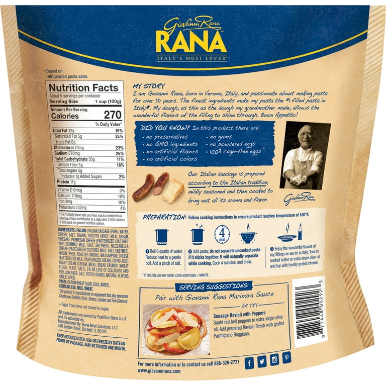 Giovanni Rana Homestyle Ravioli Italian Sausage Premium Filled Italian  Pasta Bag (Family Size, 18oz), Refrigerated