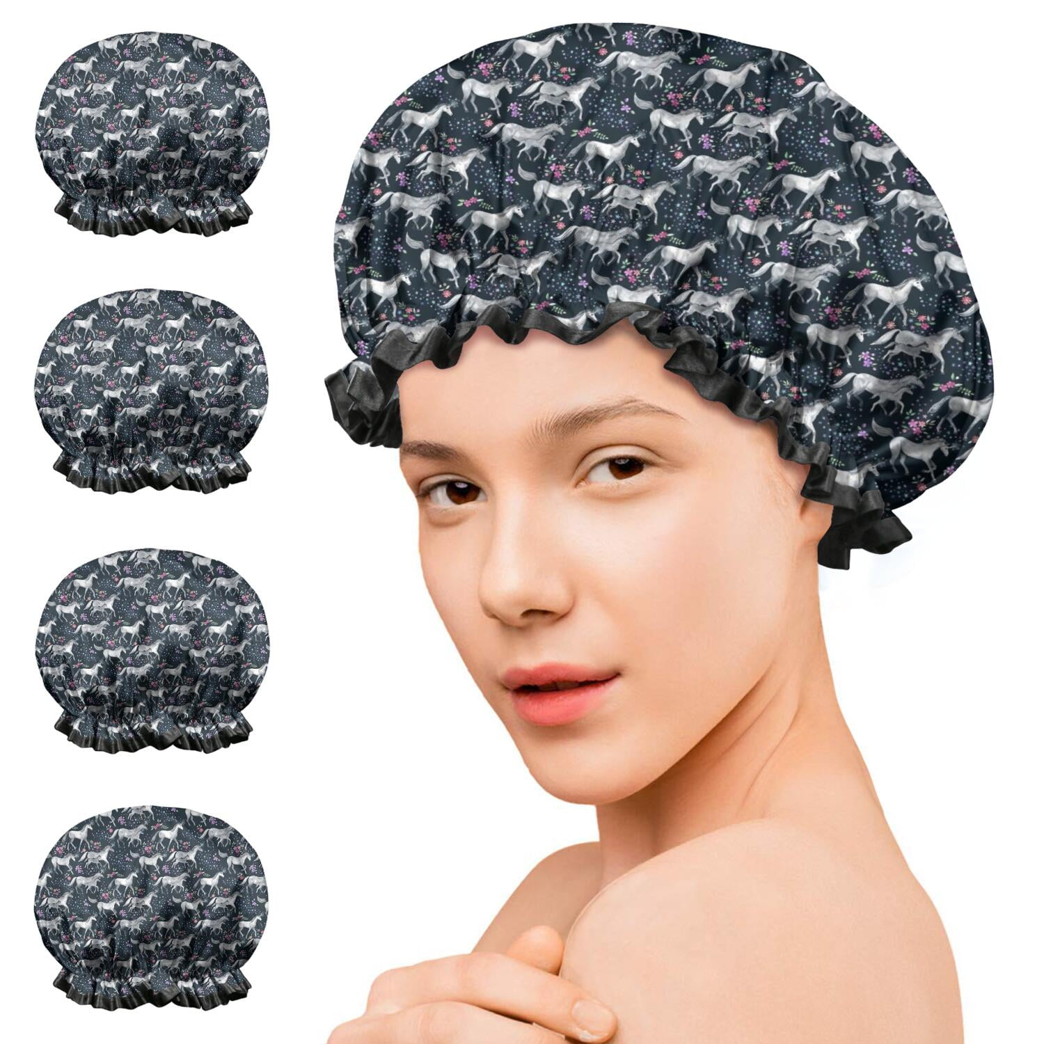 Shower Caps,Dark Blue Cartoon Horse Flower Pattern Waterproof Shower Cap for Women 4 Pieces,Double Reusable Hair Cover for Shower PEVA Elastic Stretch Hem